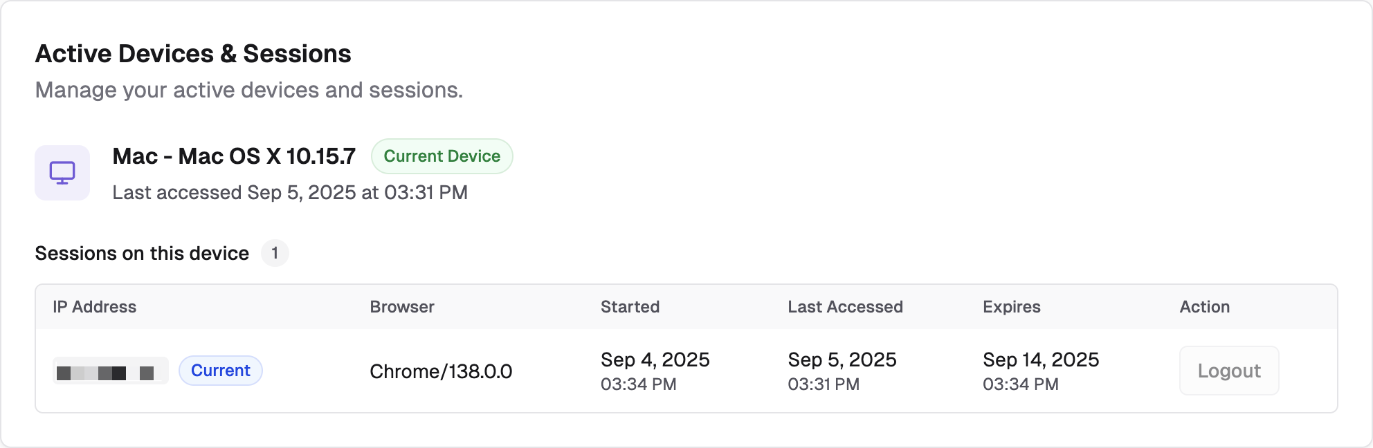 Active sessions management interface