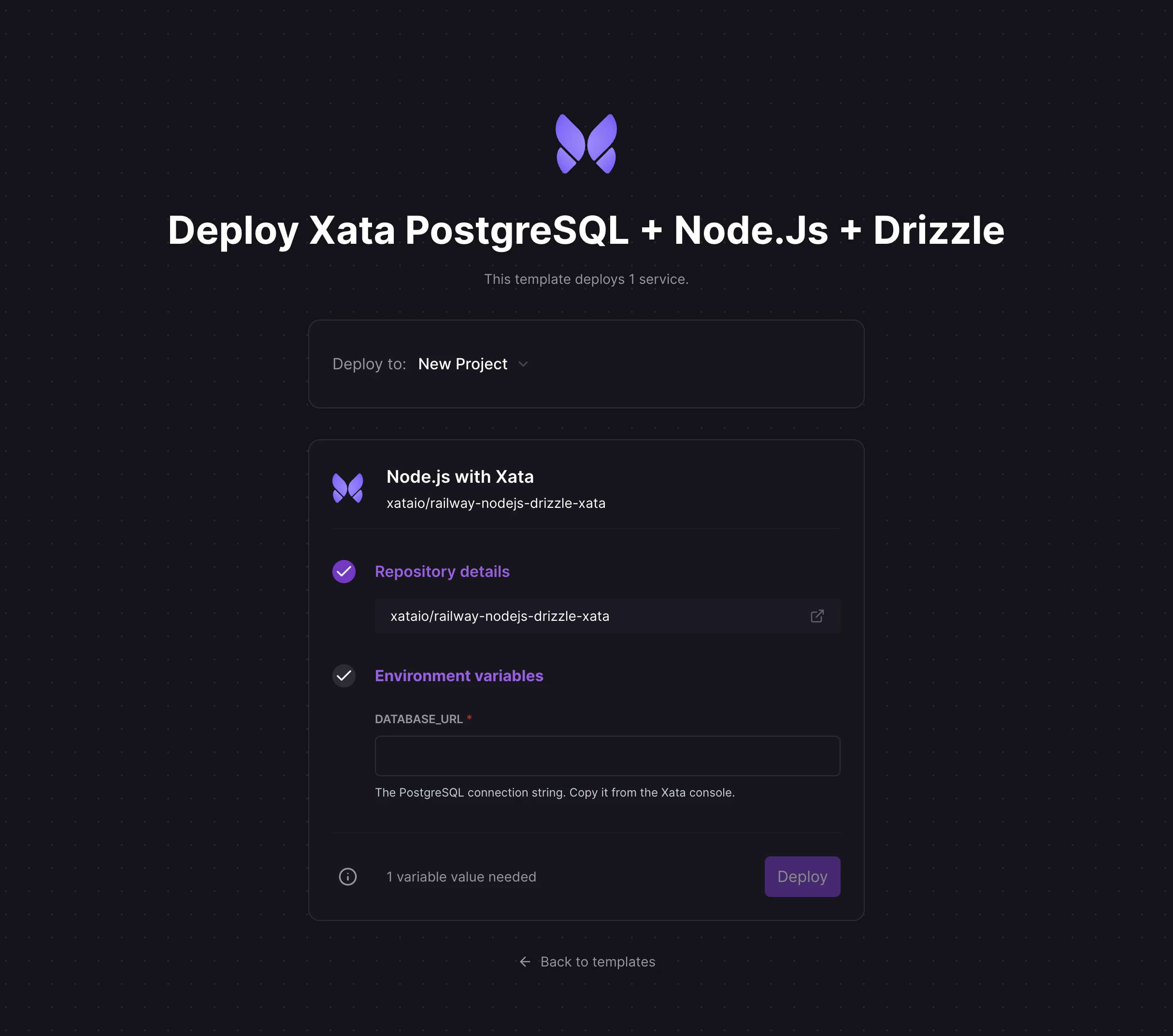 Railway template installation modal showing database URL configuration