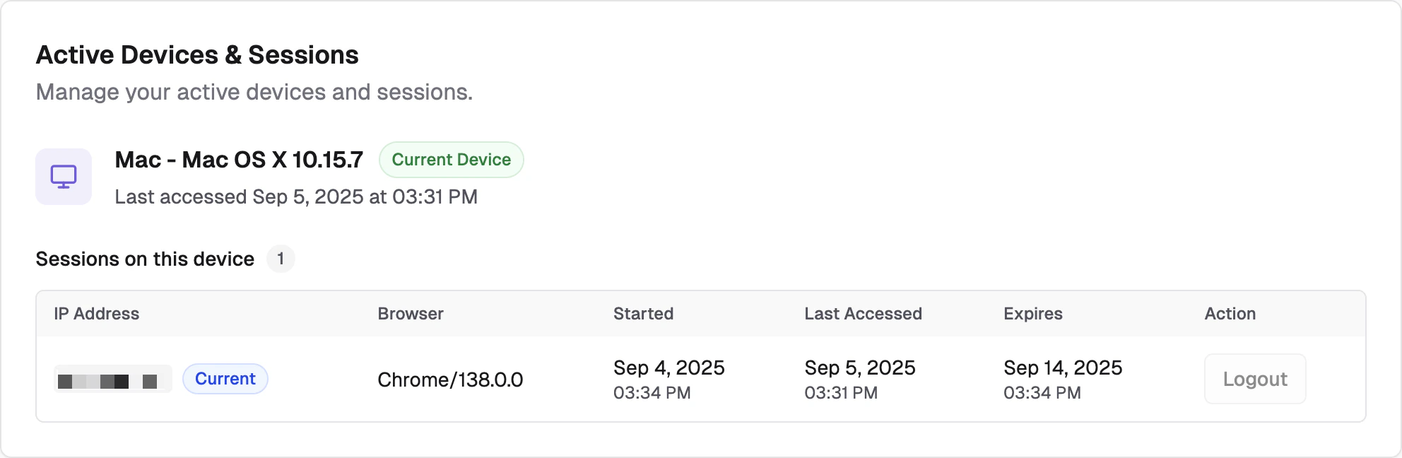 Active sessions management interface