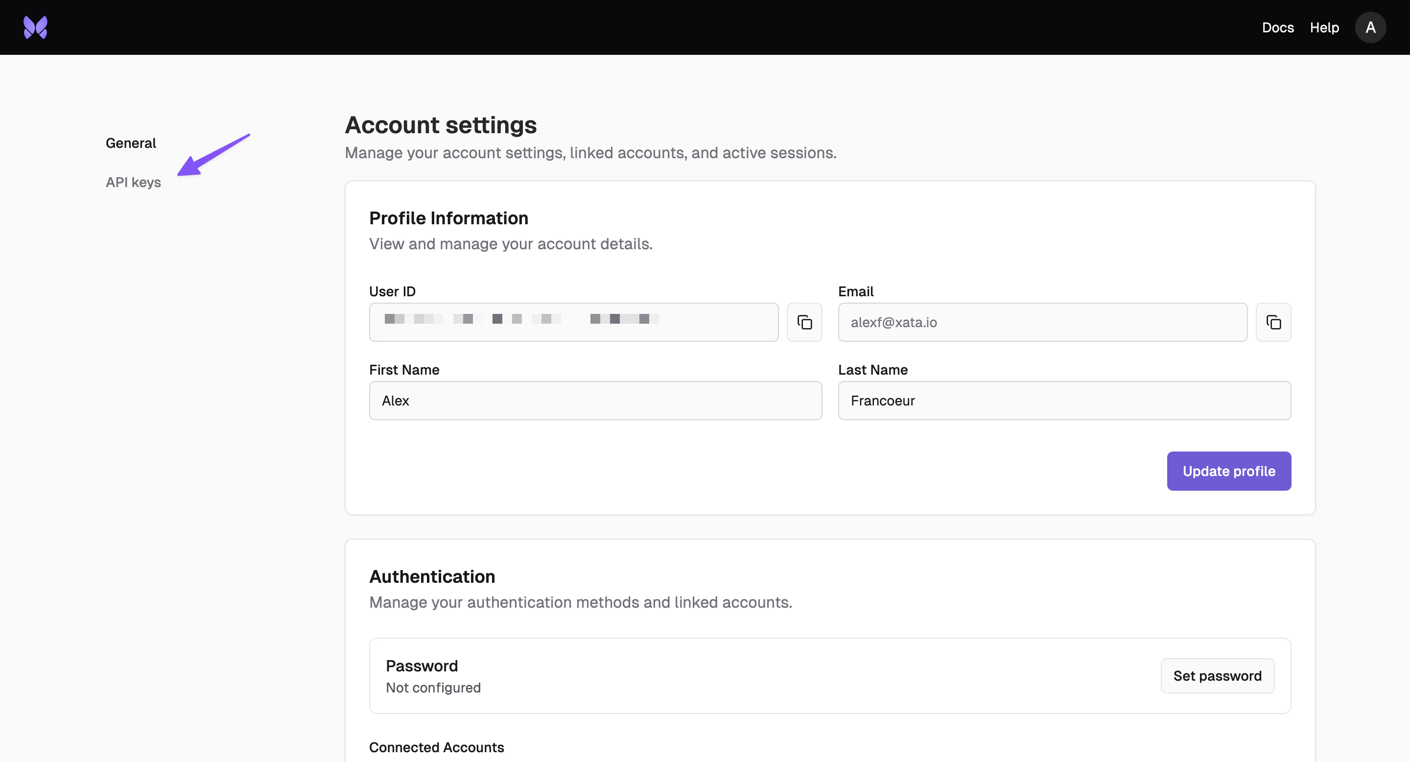 API Keys navigation overview