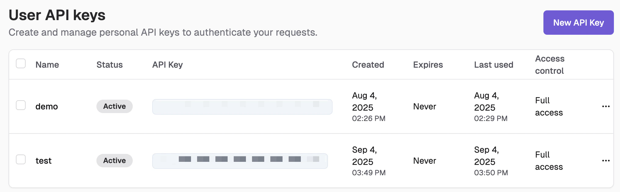 API Keys overview interface