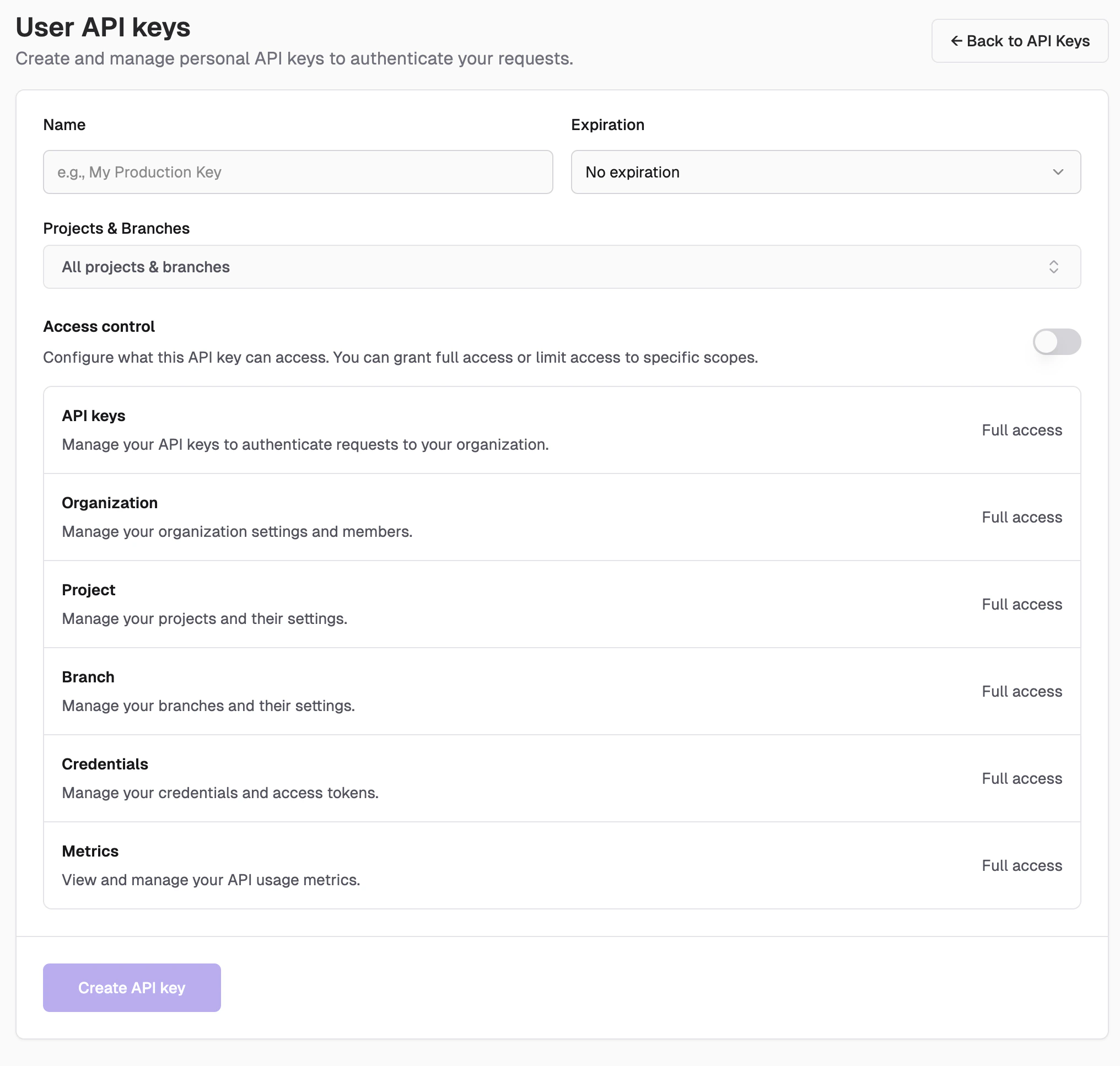 API Keys scoping interface