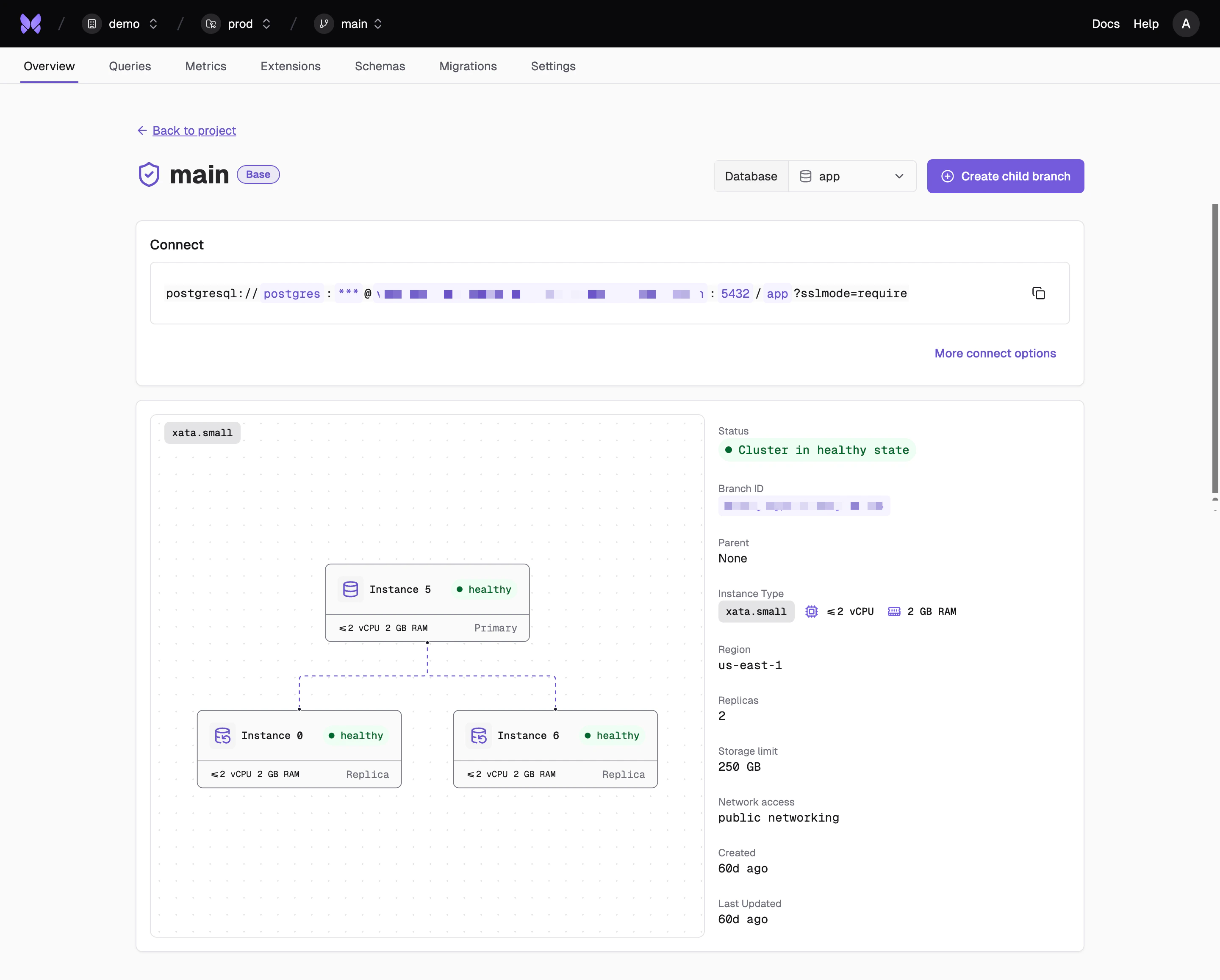 Branch overview showing branch details and configuration options