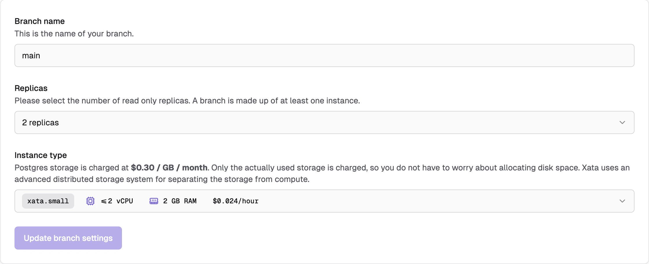 Branch settings showing instance details and configuration options