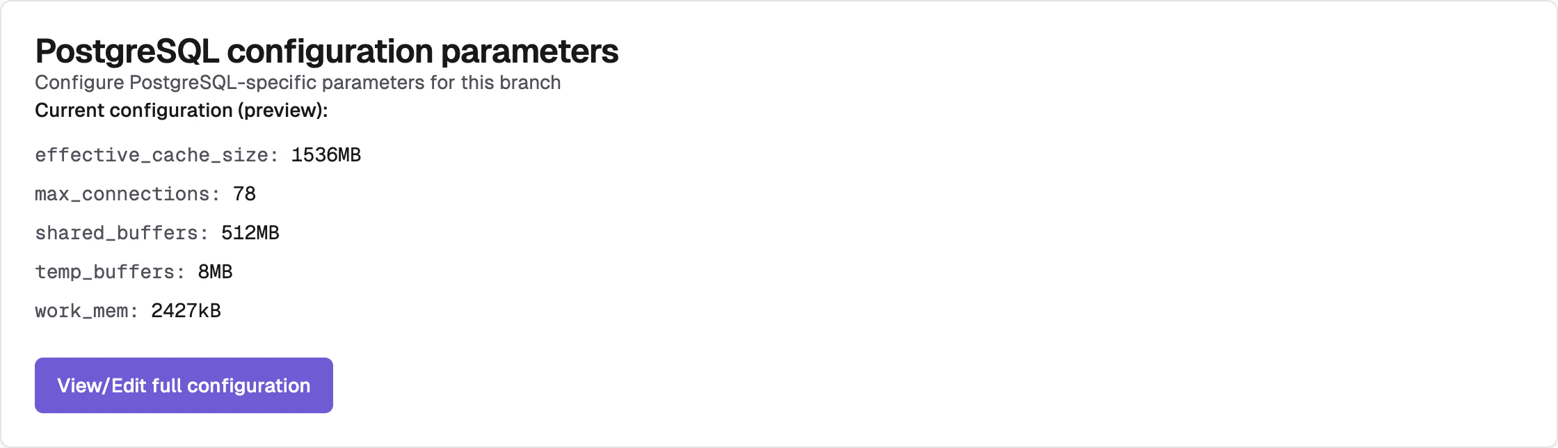 Branch settings showing PostgreSQL configuration parameters