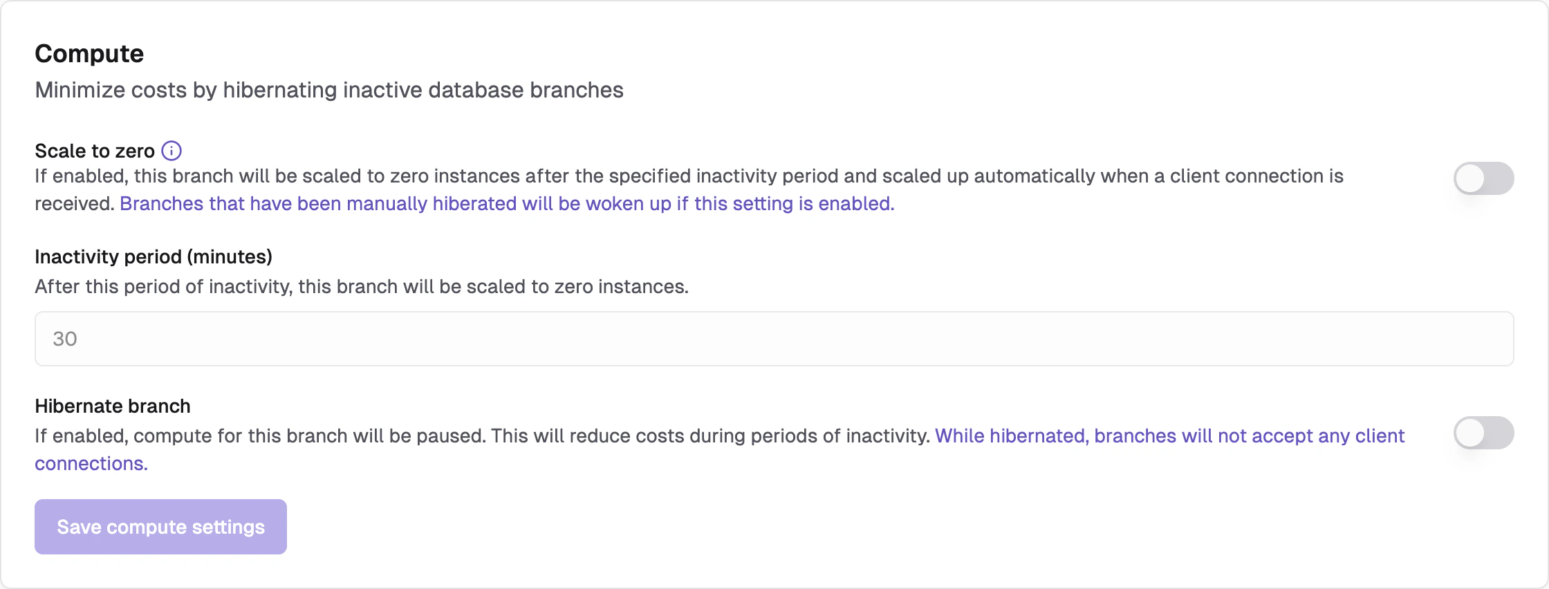 Branch-level compute settings showing scale to zero and manual hibernation options