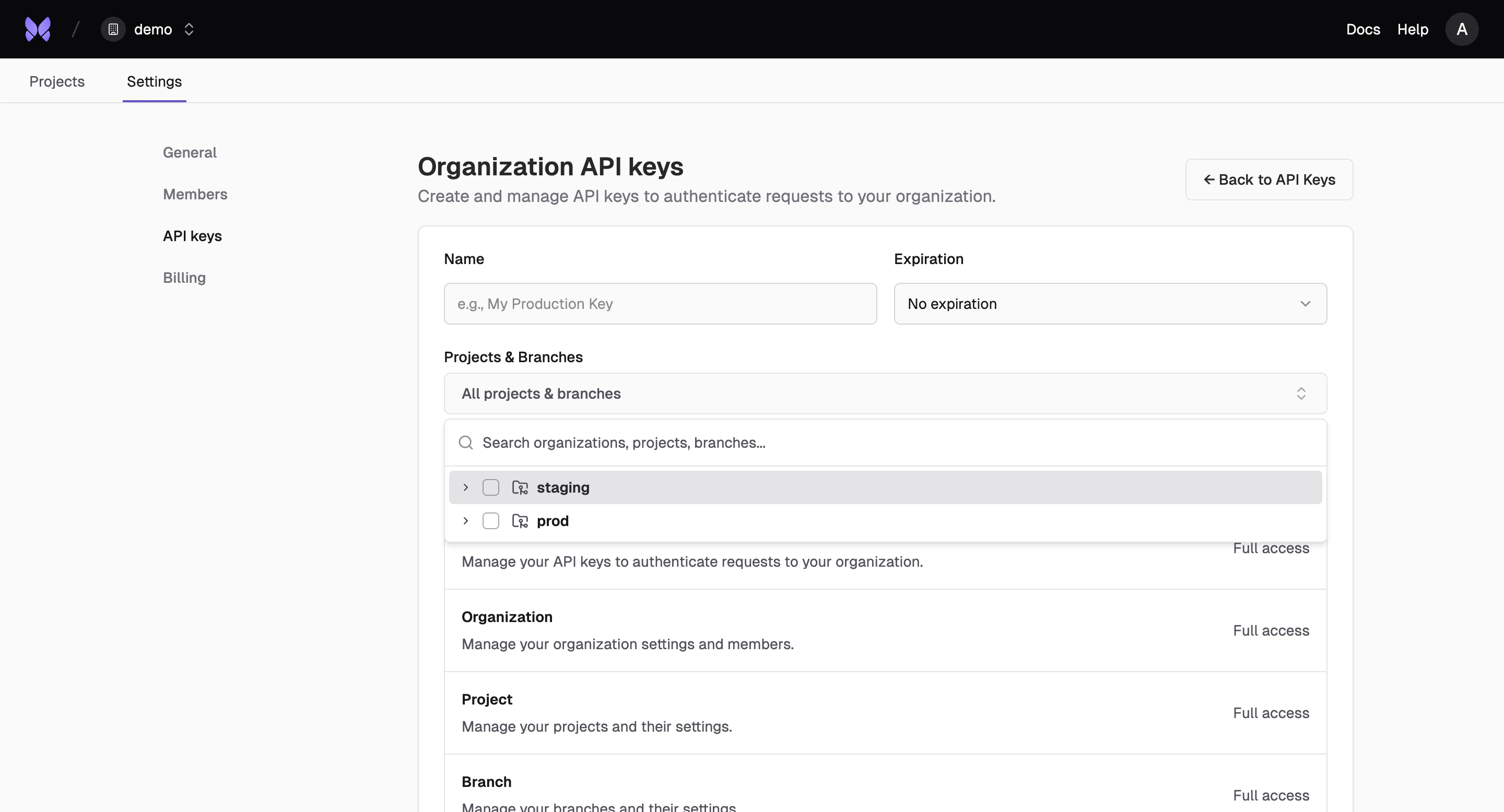 Organization API keys interface