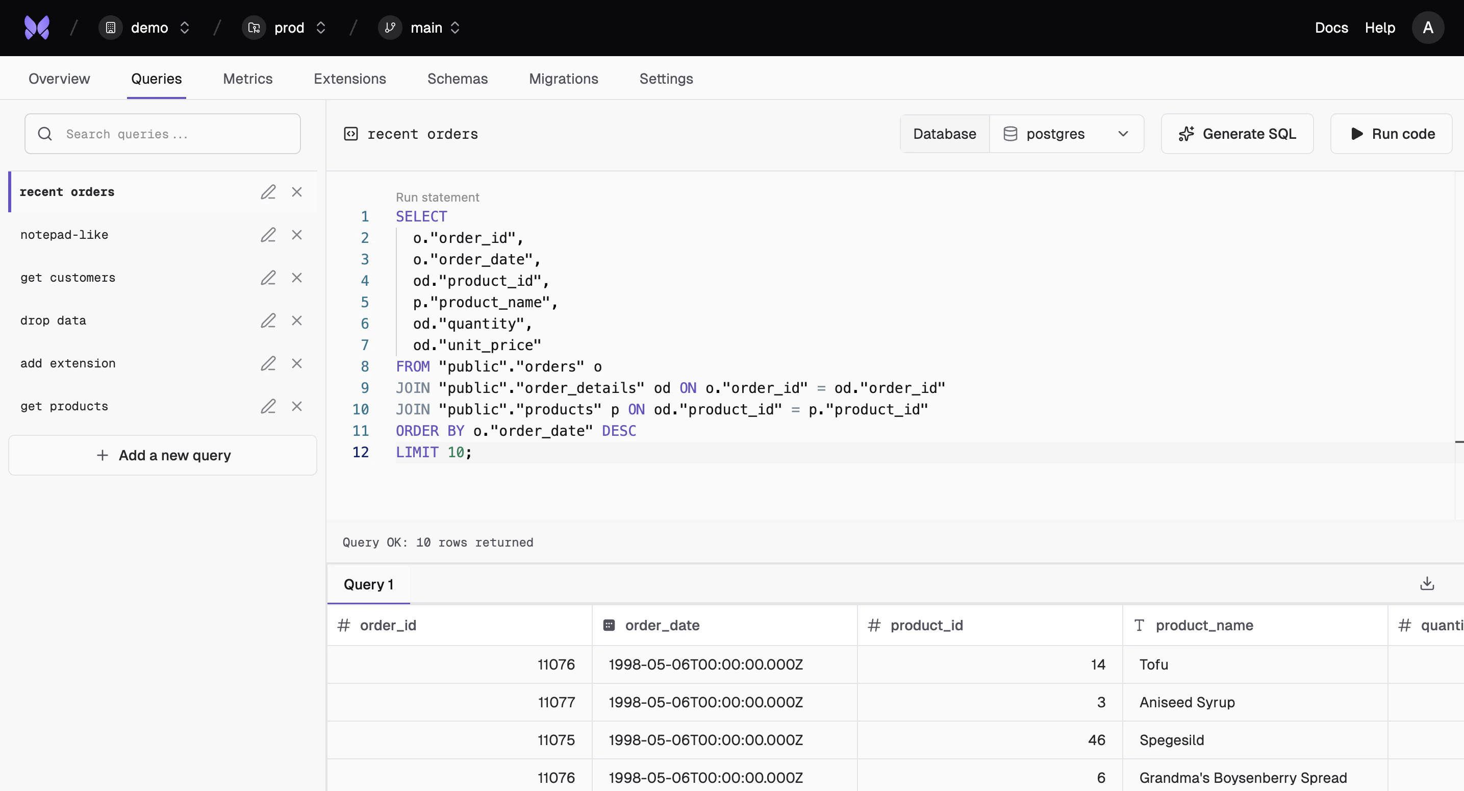 Query view showing the database query interface with SQL editor and results