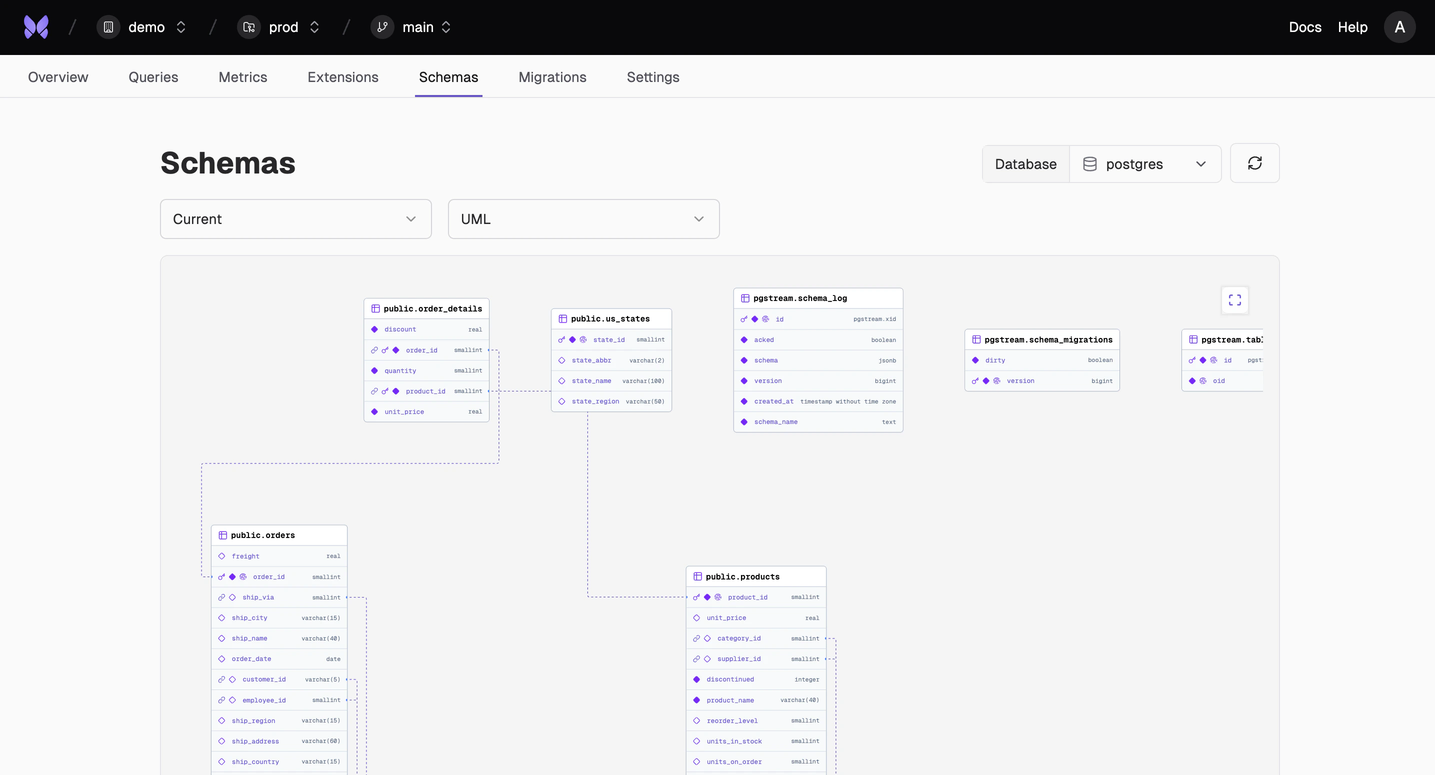 Database schemas interface showing table structure, relationships, and schema management tools