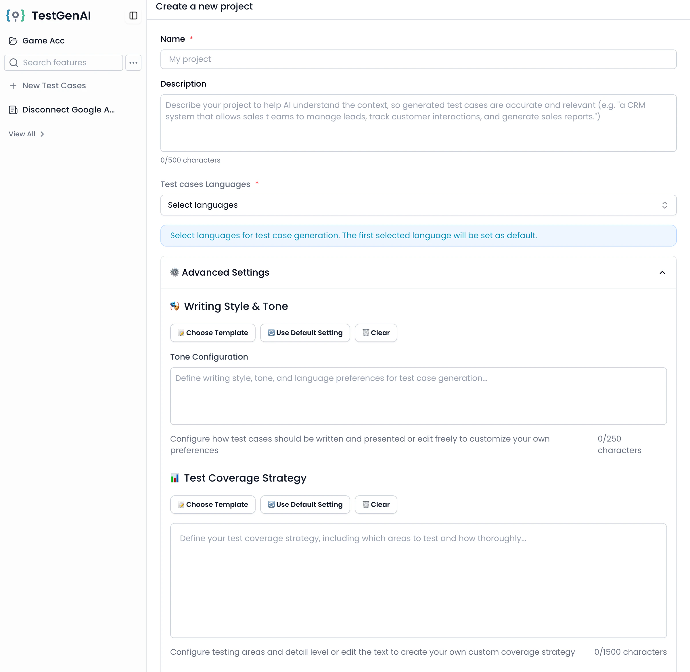 New project form - basic info