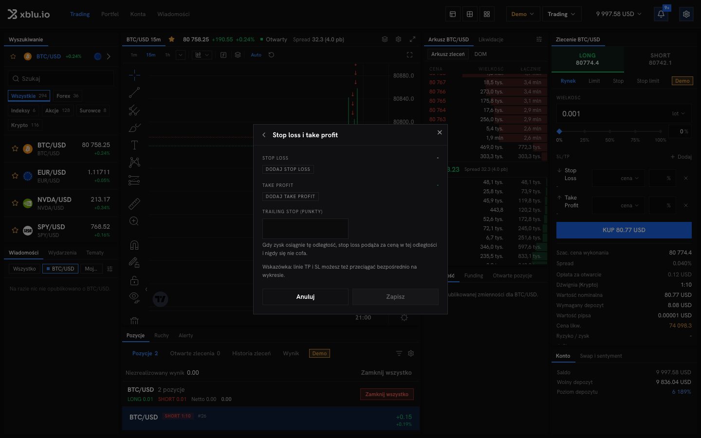 Okno Stop loss i take profit