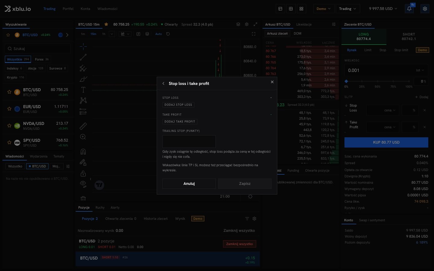 Okno Stop loss i take profit