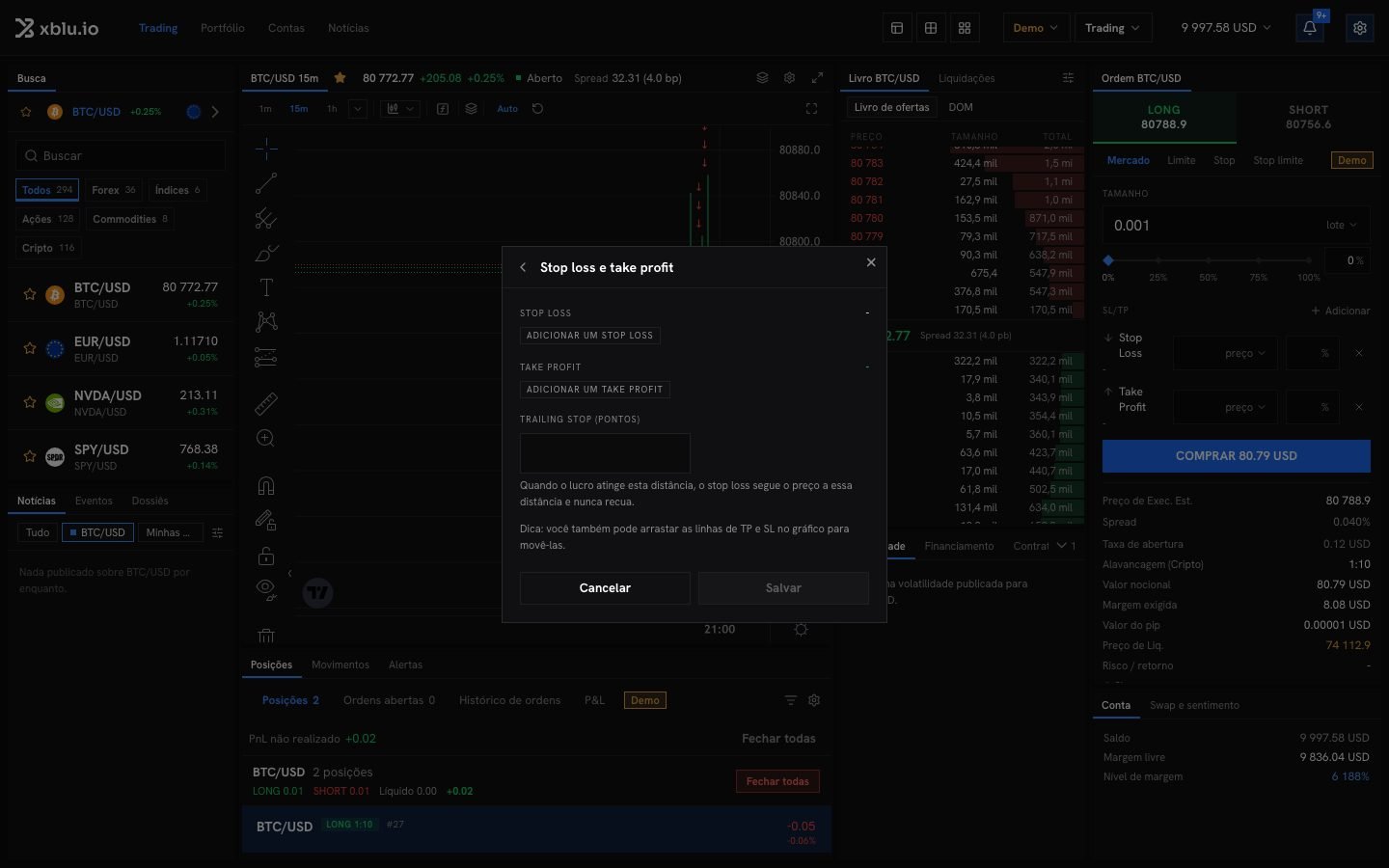 A janela de stop loss e take profit