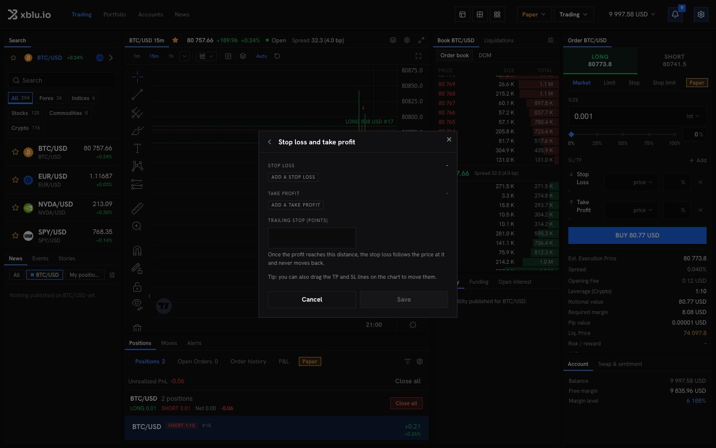 The Stop loss and take profit dialog