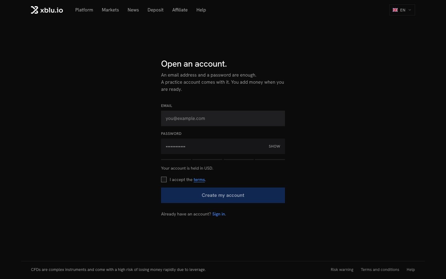 The Open an account form