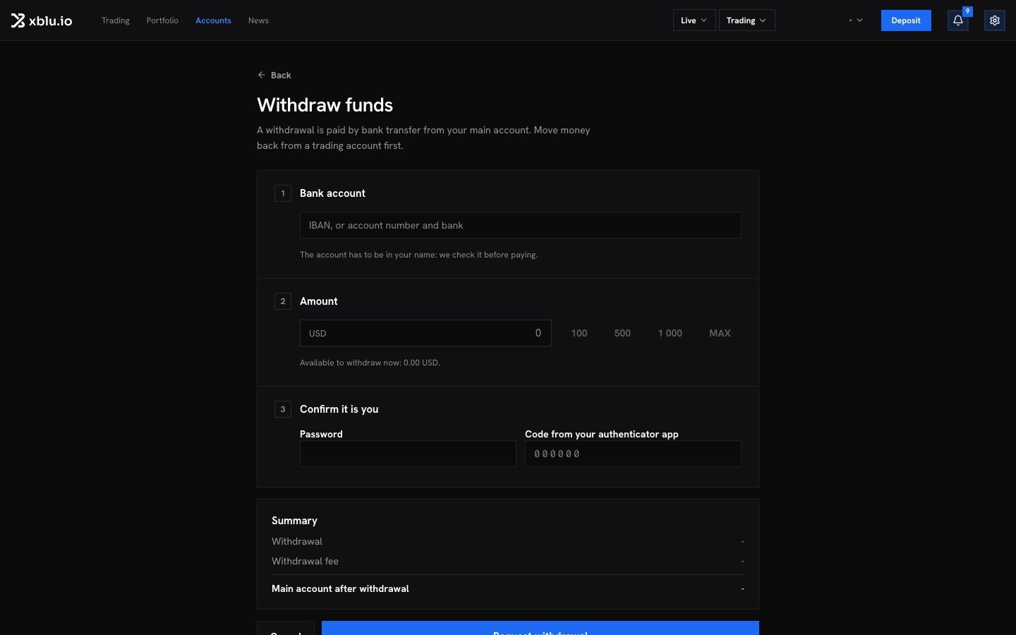 The Withdraw funds page