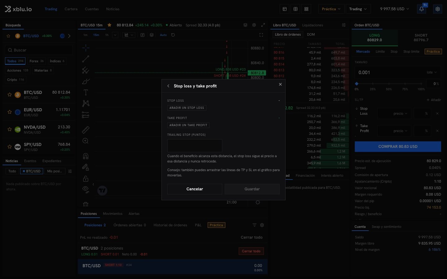 El diálogo Stop loss y take profit