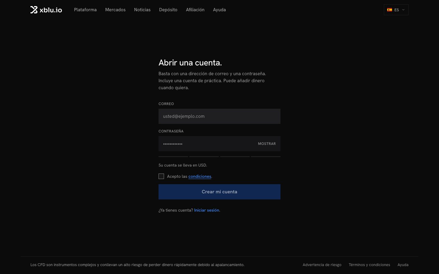 El formulario Abrir una cuenta