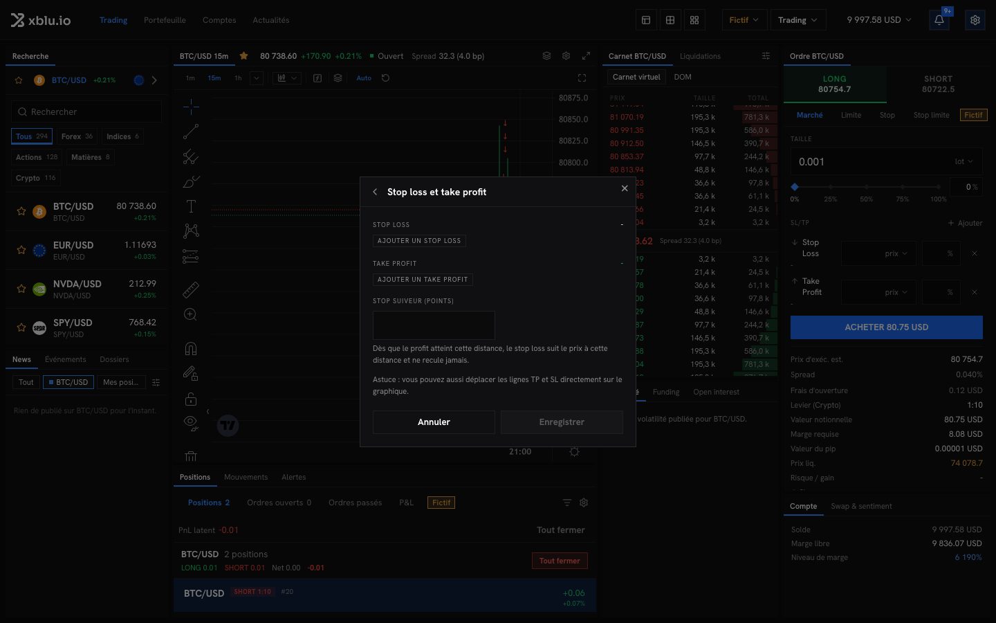 La fenêtre Stop loss et take profit
