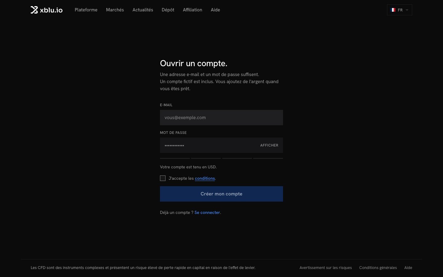 Le formulaire Ouvrir un compte