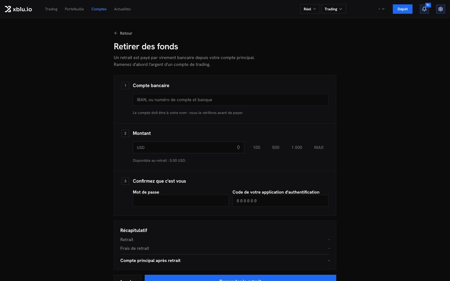La page de retrait des fonds