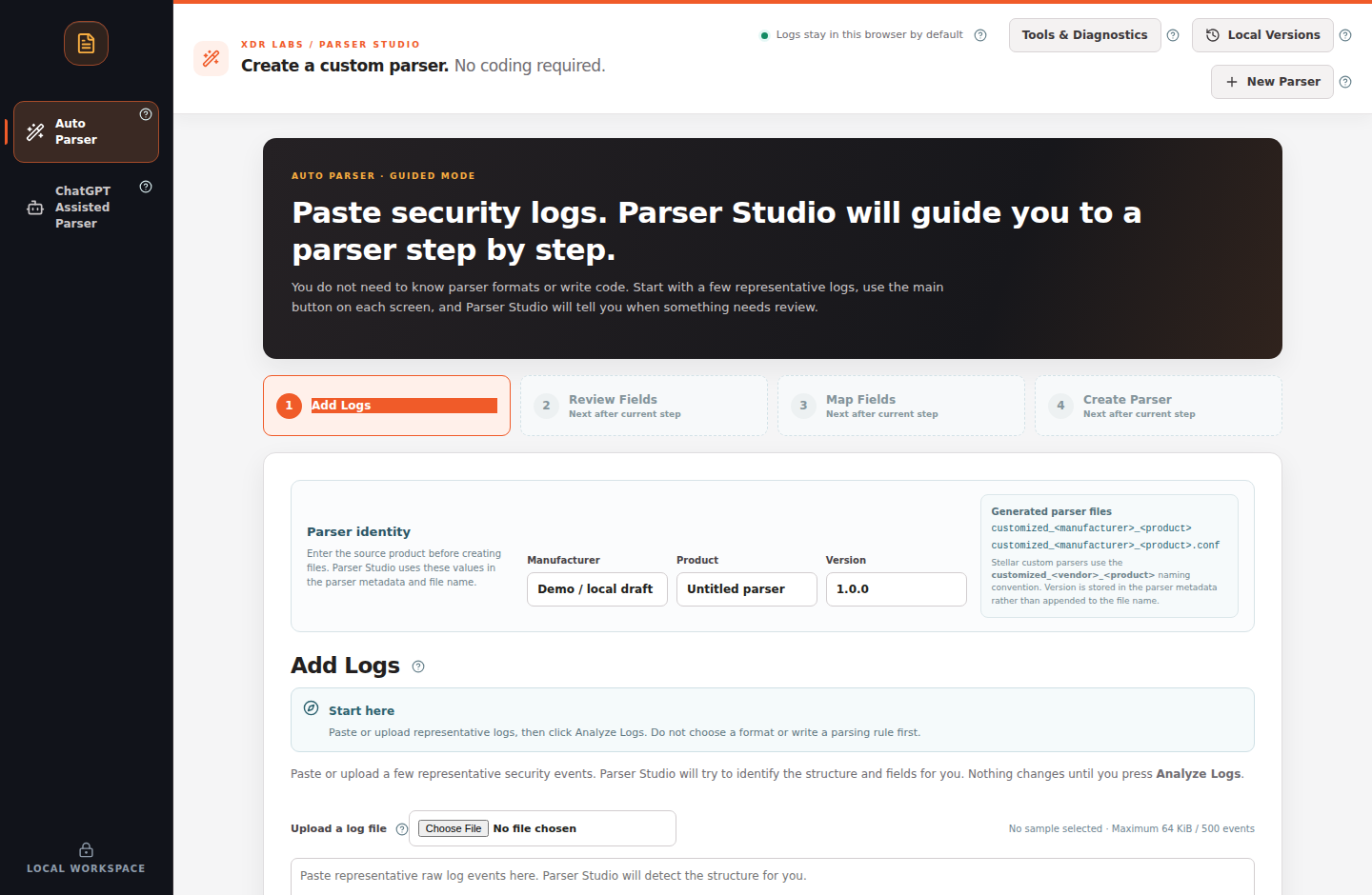 Default Auto Parser screen with four guided stages and an empty log input
