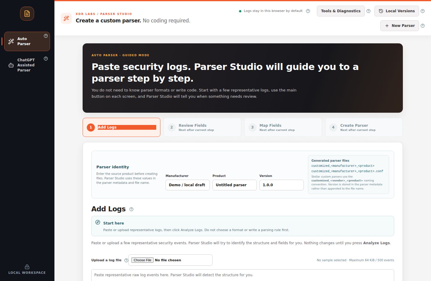 Default Auto Parser screen with four guided stages and an empty log input