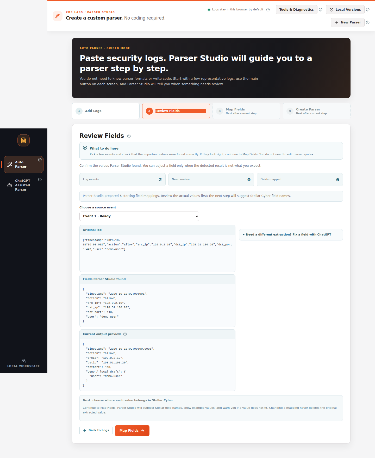 Review Fields screen showing original log, extracted values and output preview