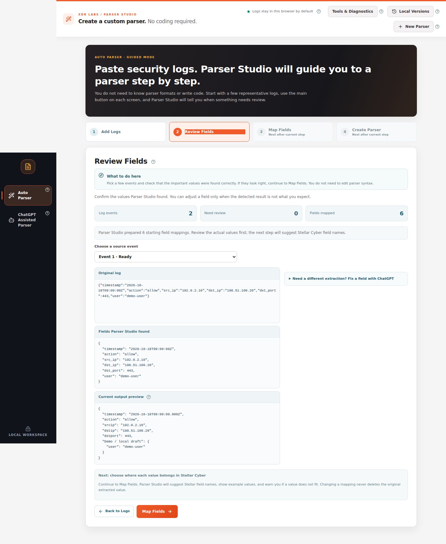 Review Fields screen showing original log, extracted values and output preview