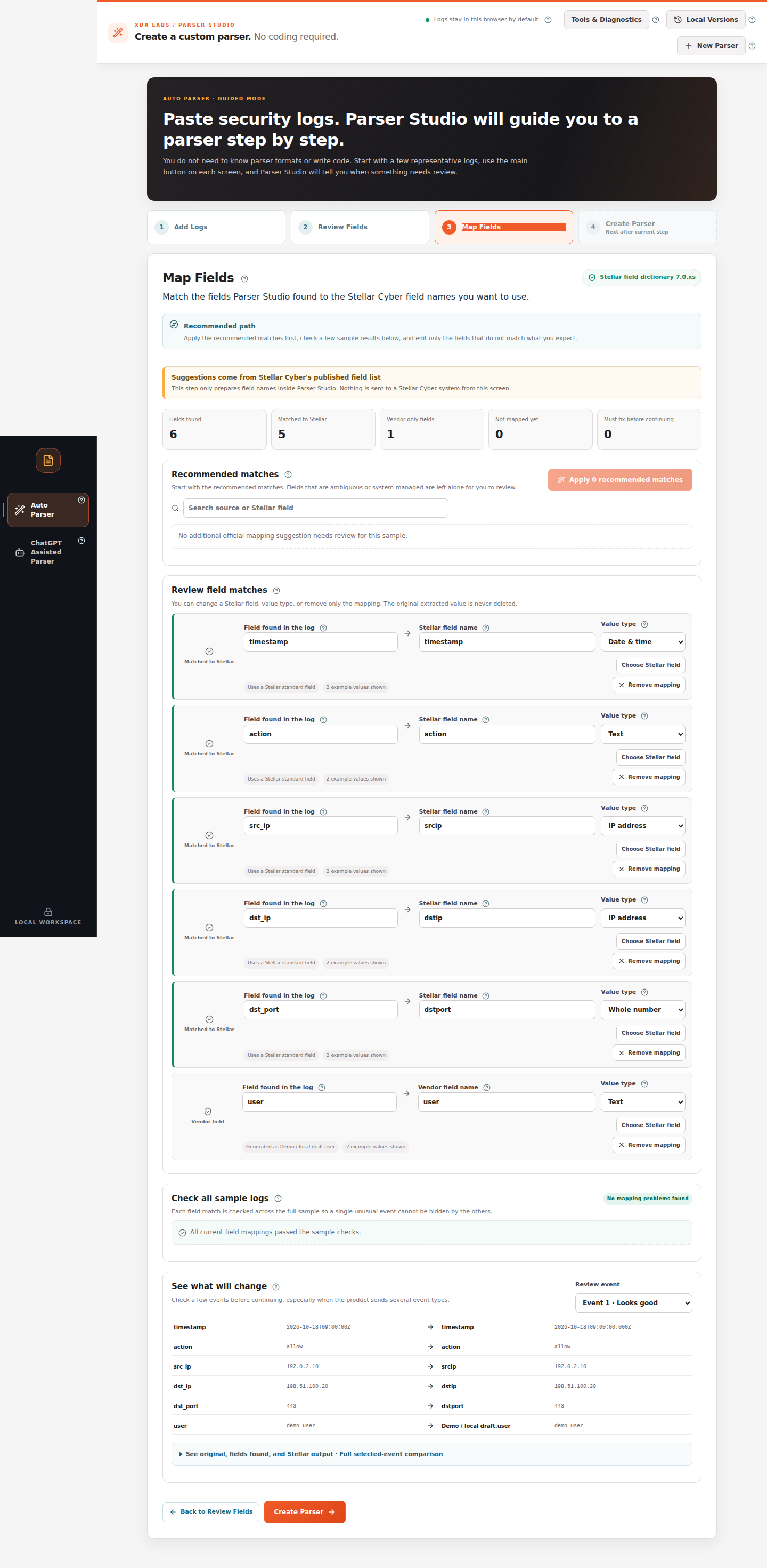 Map Fields screen with candidate normalized fields, examples and mapping checks