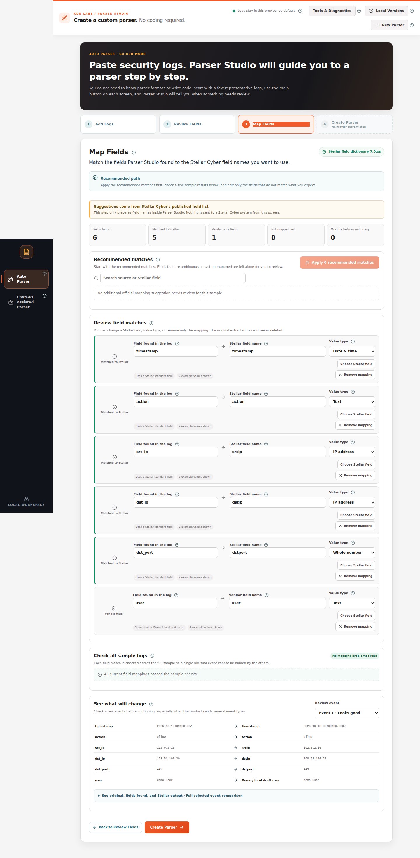 Map Fields screen with candidate normalized fields, examples and mapping checks