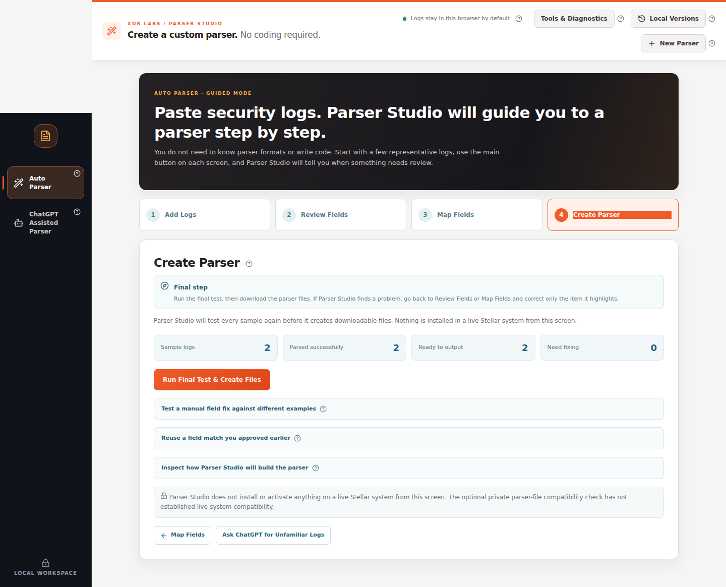 Final Create Parser screen with Run Final Test and Create Files button
