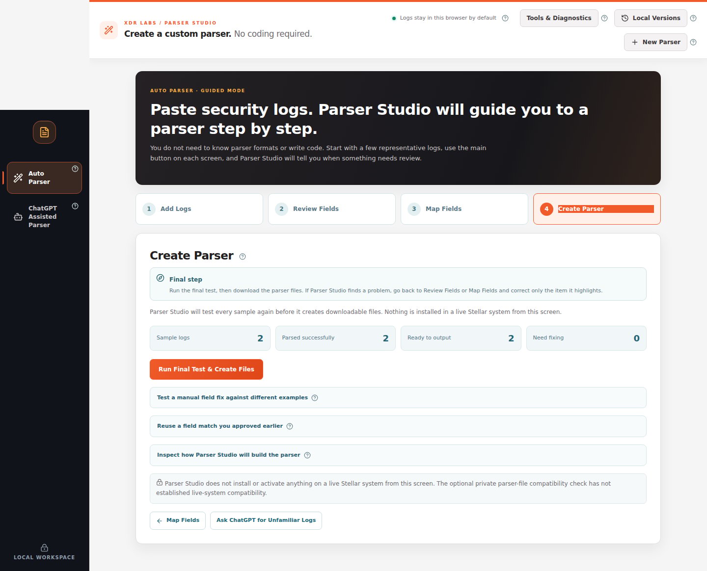 The final Create Parser screen with Run Final Test and Create Files