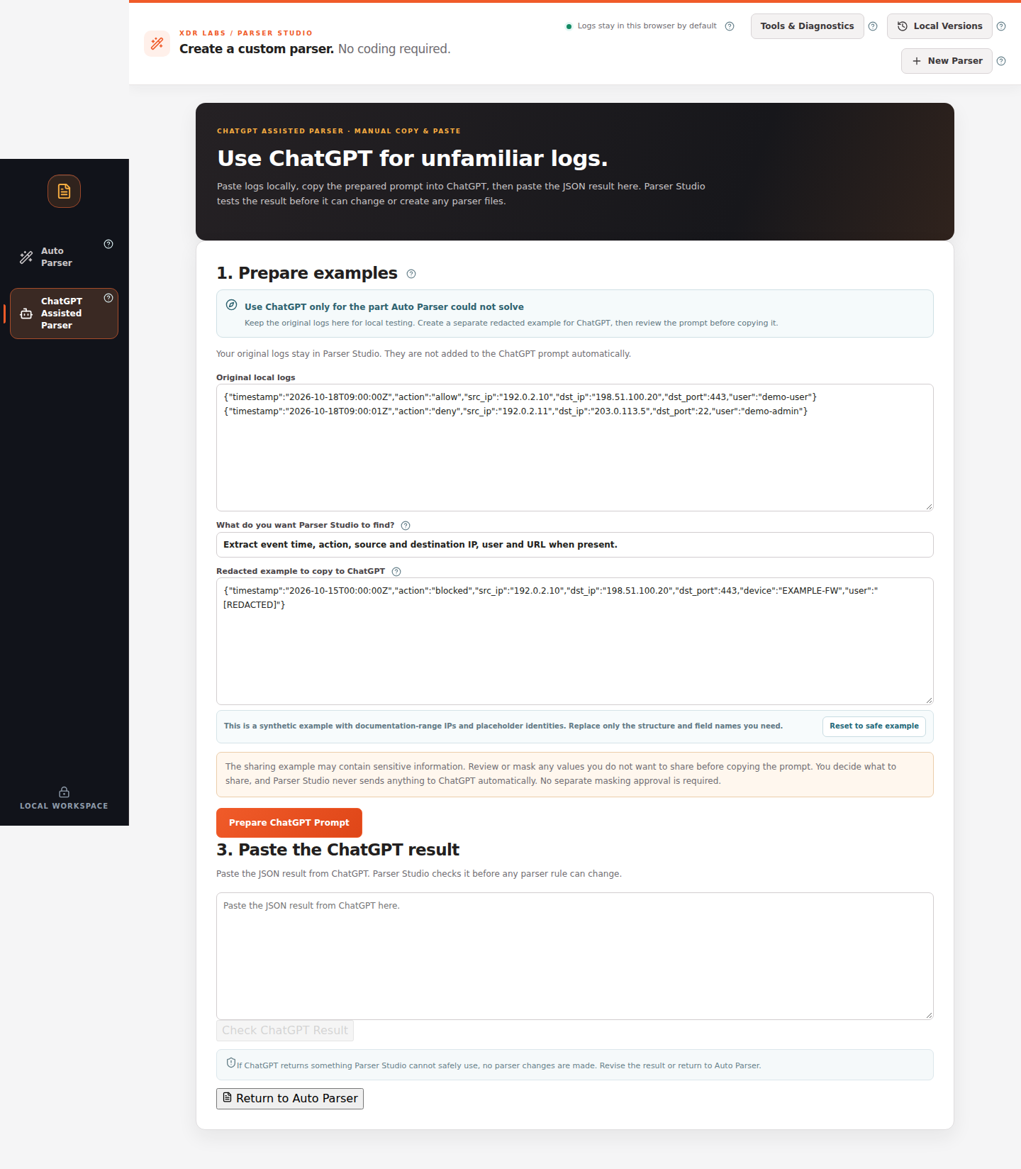 ChatGPT Assisted Parser screen with Prepare examples, Redacted example and Prepare ChatGPT Prompt