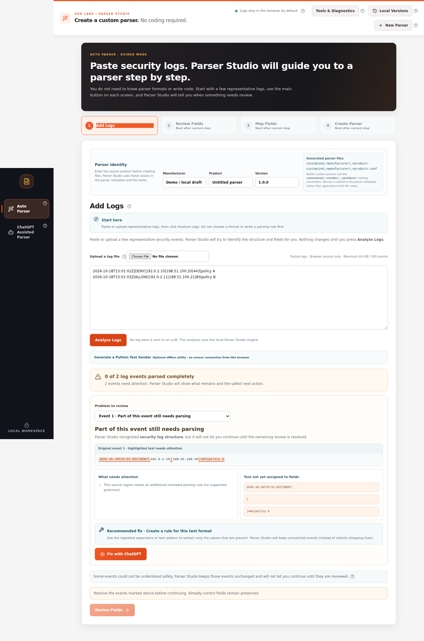 The problem inspector showing highlighted unparsed source and a Fix with ChatGPT button