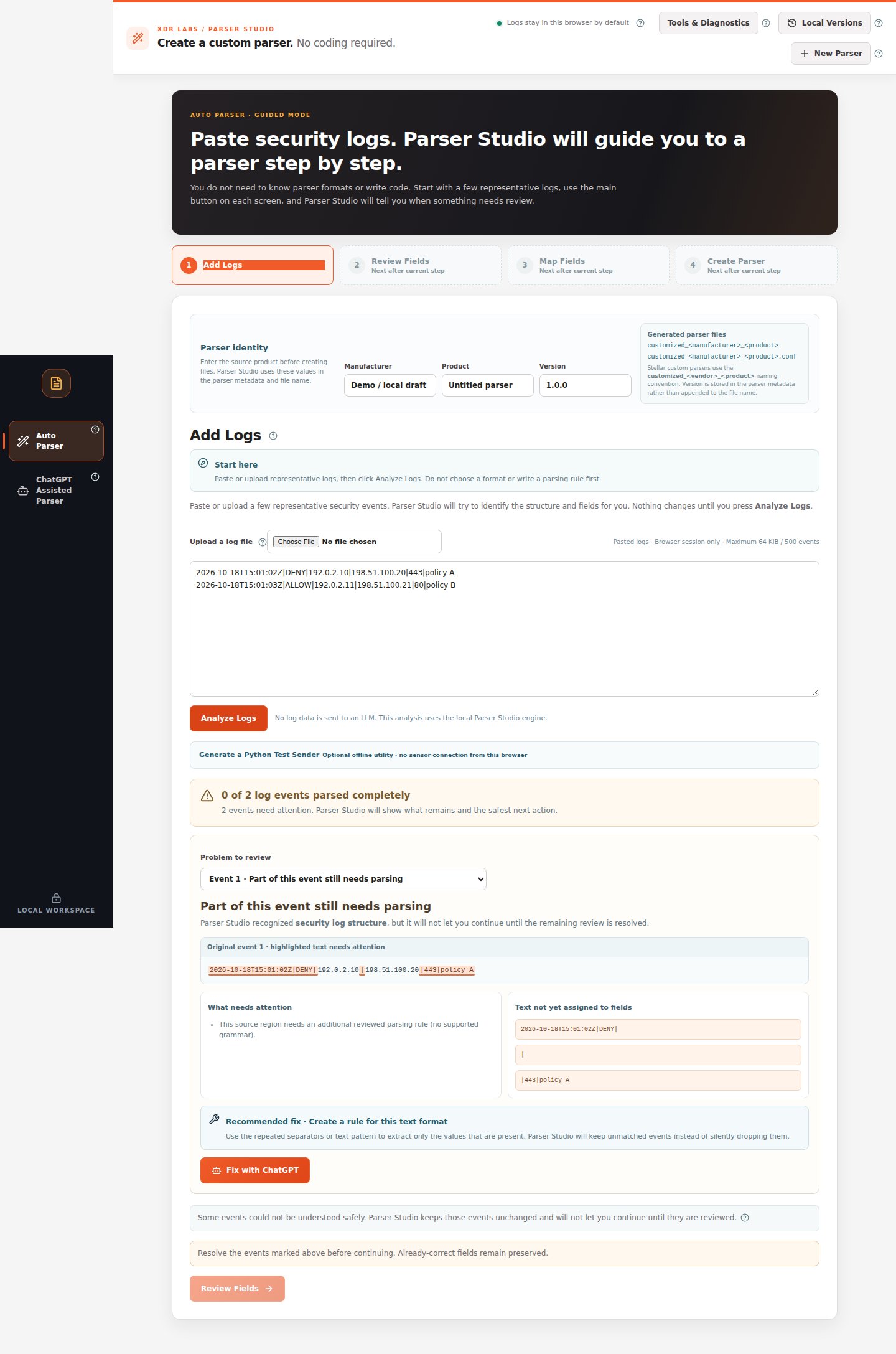 The problem inspector showing highlighted unparsed source and a Fix with ChatGPT button