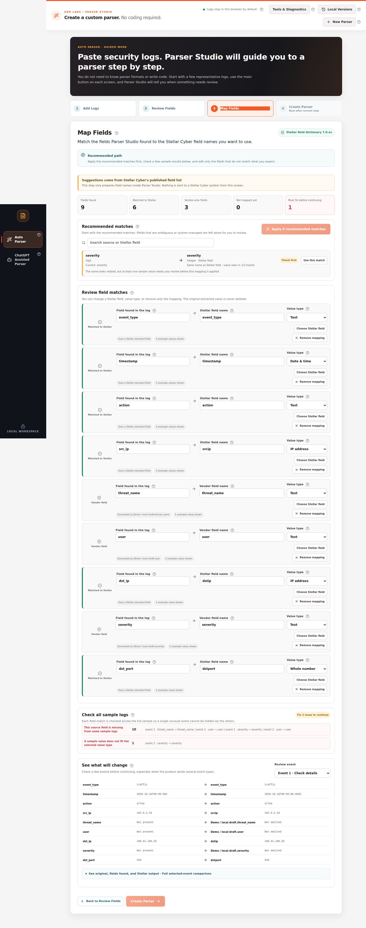 Mapping screen displaying optional fields and a value-type warning across event types