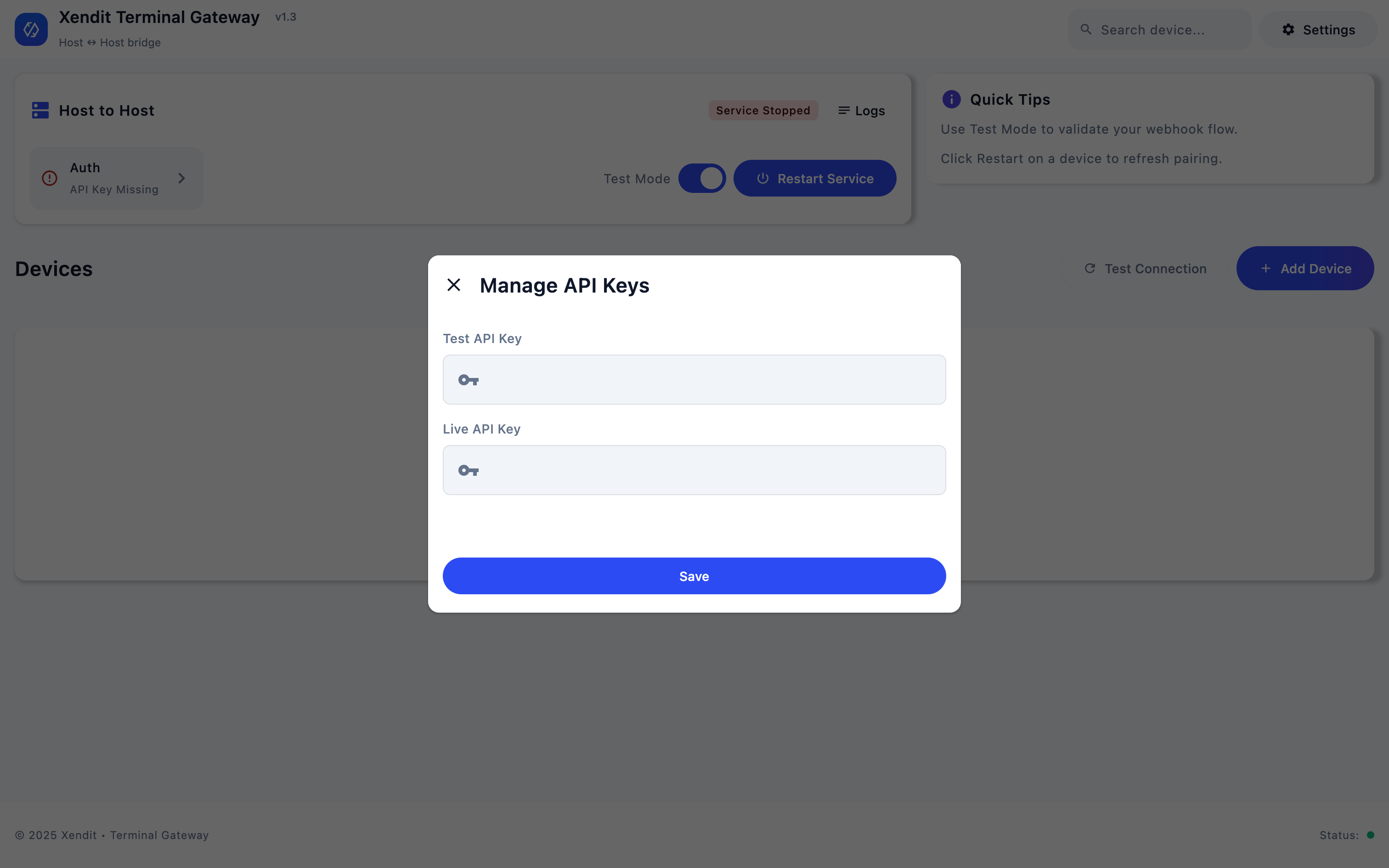 Entering client key in Terminal Gateway app modal
