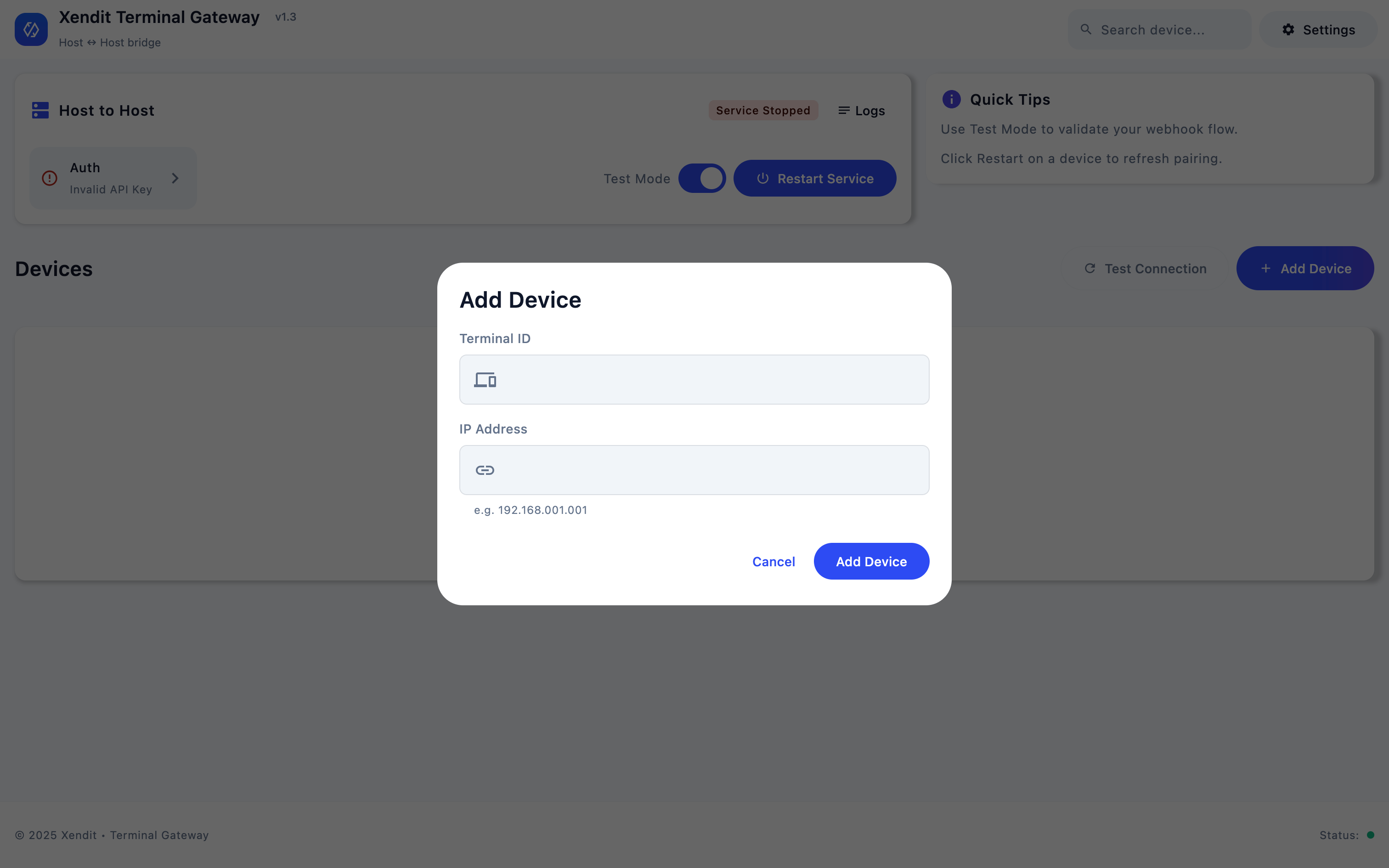 Filling in terminal ID and IP address configuration