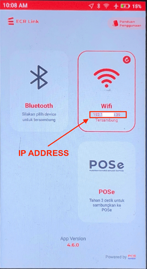 BRI terminal showing IP address in ECRLink app