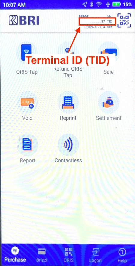 BRI terminal showing Terminal ID in FMS app