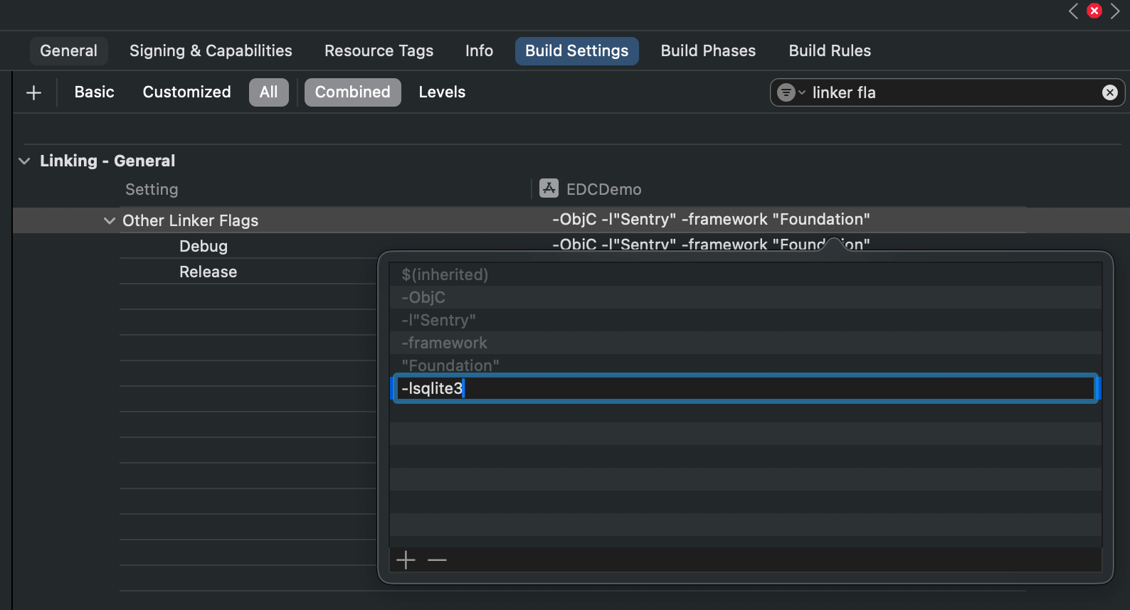 Adding -lsqlite3 to Other Linker Flags in Xcode Build Settings