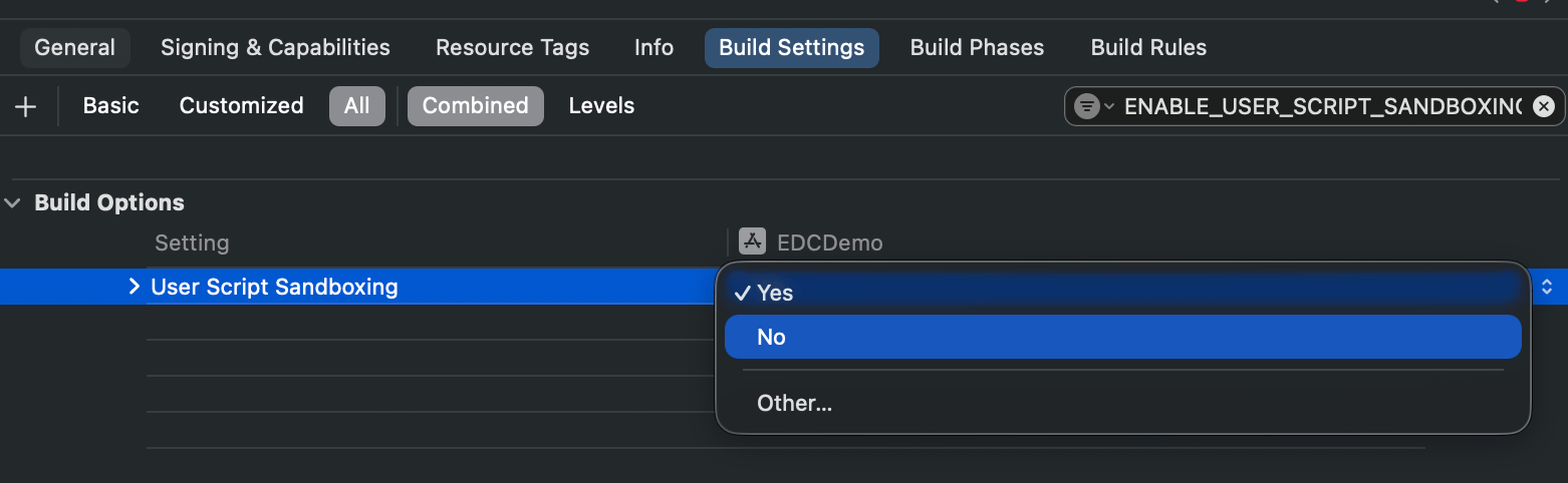 Setting ENABLE_USER_SCRIPT_SANDBOXING to NO in Xcode Build Settings