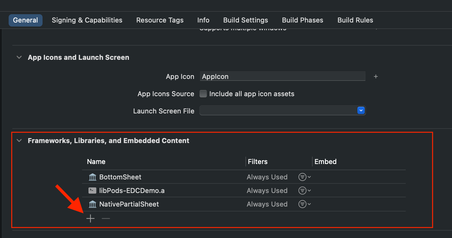 Finding Frameworks, Libraries, and Embedded Content section in Xcode