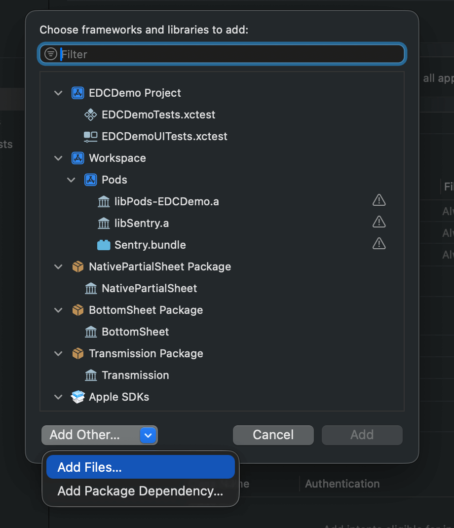Importing TerminalGateway.xcframework in Xcode using Add Files dialog