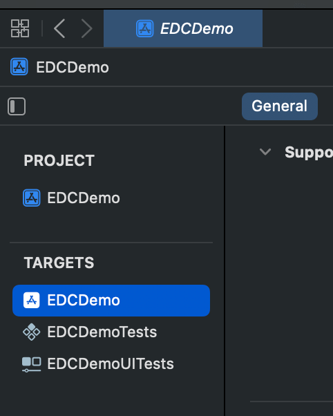 Selecting target and navigating to General tab in Xcode