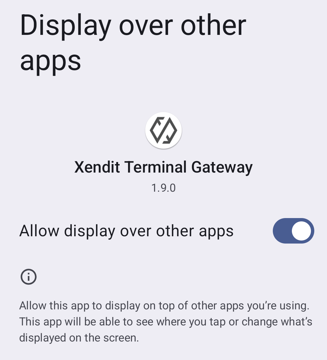 Xendit app permission screen showing Allow display over other apps toggle