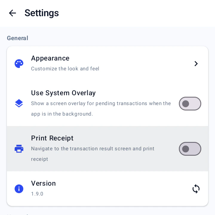 Gateway app settings showing Print Receipt toggle for Cashup provider