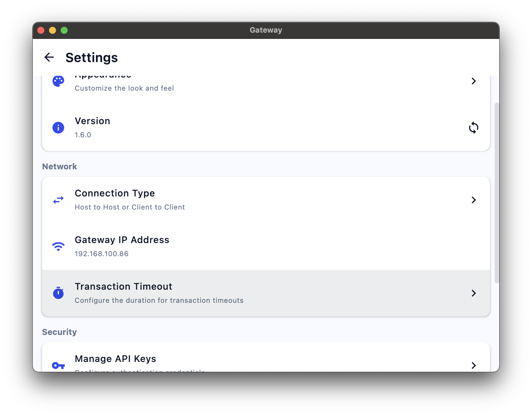 Gateway app settings screen showing the Transaction Timeout option under Network