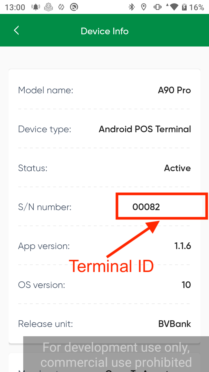 Atom terminal showing Terminal ID in device settings